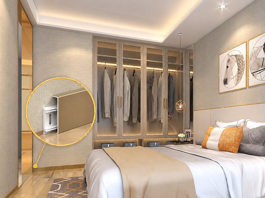 Bedroom: Flush with the wardrobe; the floor runs under it.