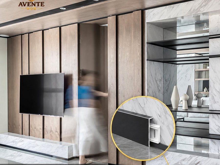Living room: A brushed line along the panel wall and the TV unit.