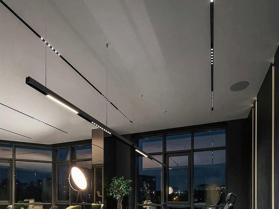 Dining / office: Grille linears for the table, pendants where the plan needs them.