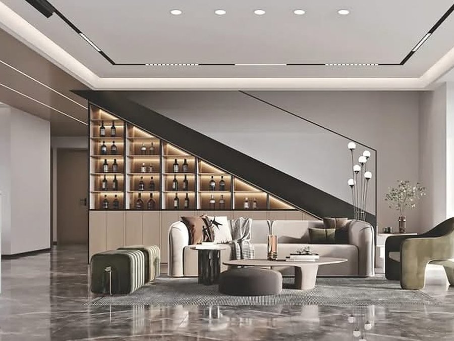 Lobby / stair: Parallel recessed lines for the walk, spots for the desk and art.