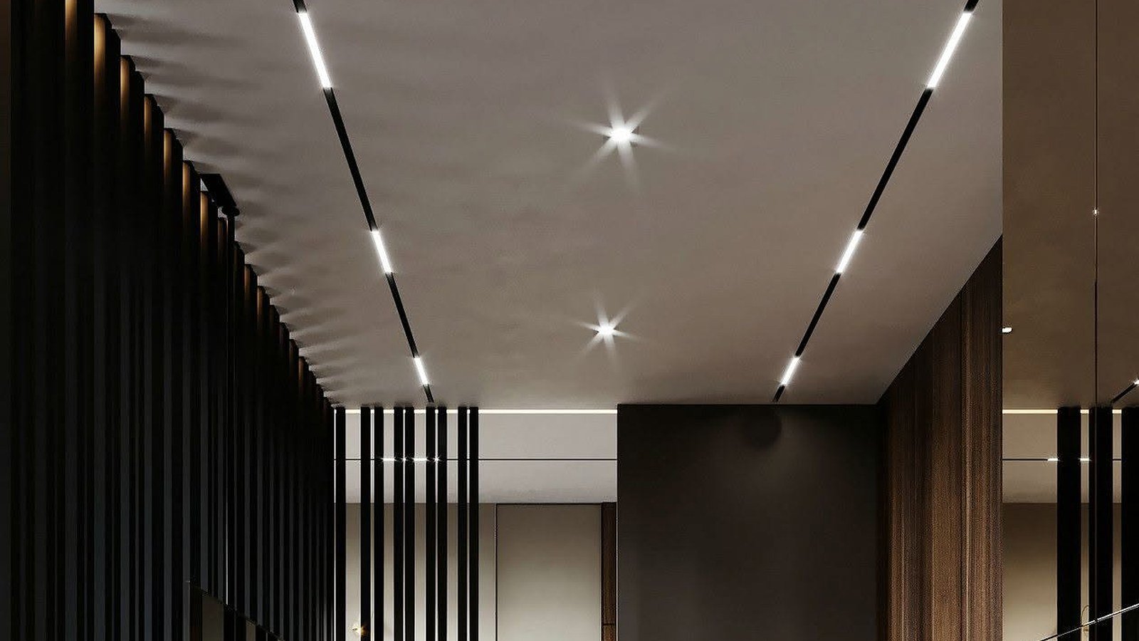 A trimless recessed line of light over a bed in a dark bedroom, with spots on the wardrobe wall