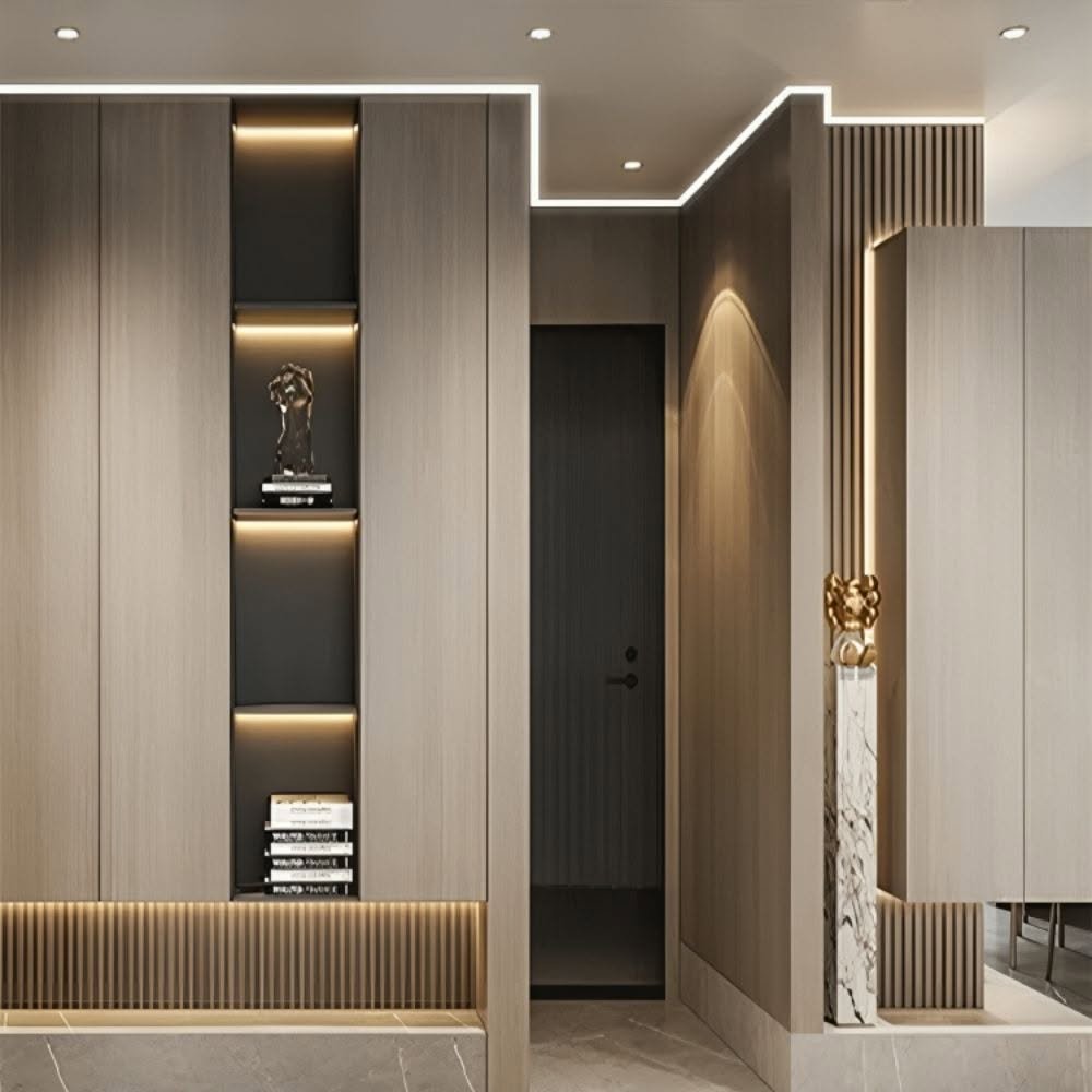 Wood-panel hallway with a lit LED crown moulding along the ceiling