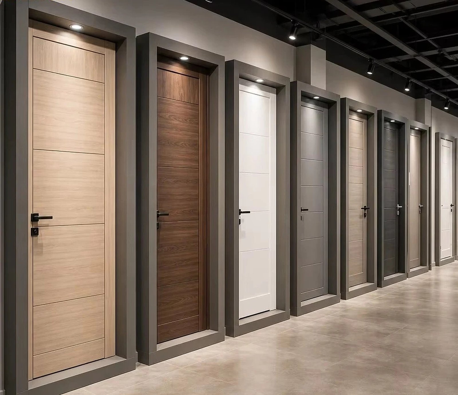 Avente Hub Door pack: WPC interior doors in oak and walnut in a showroom