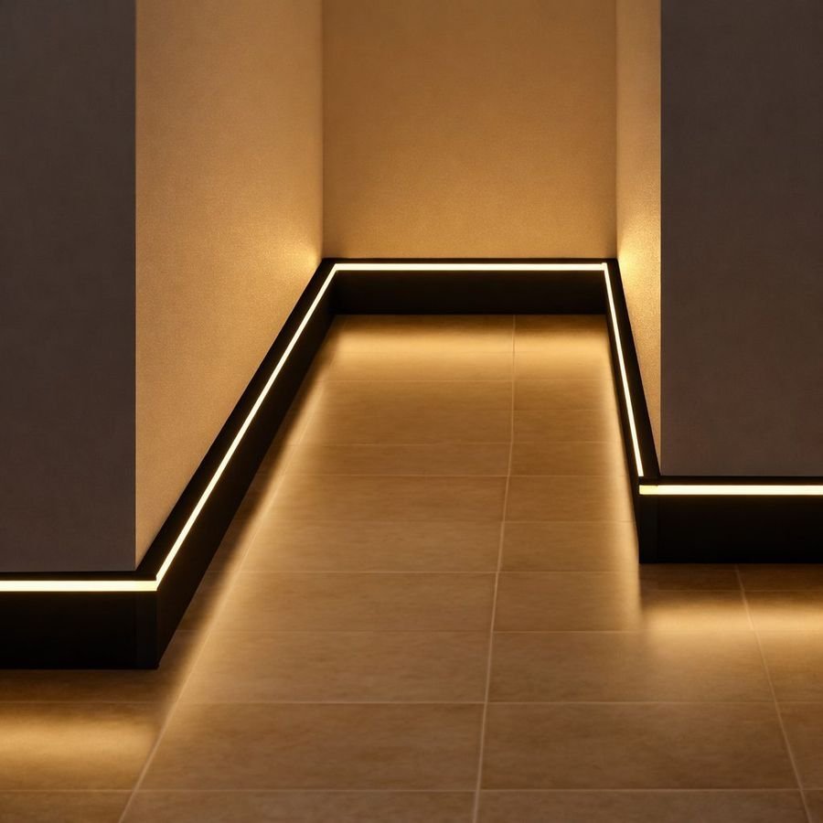 Hallway with LED baseboards glowing along the floor
