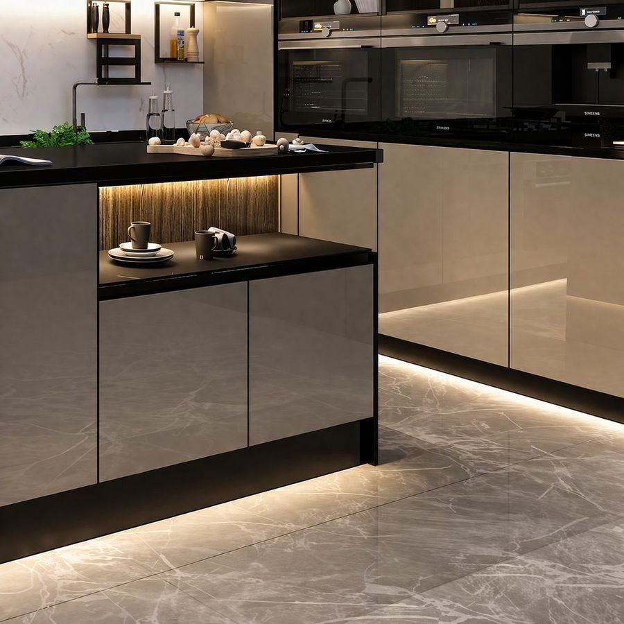 Kitchen island with a glowing LED baseboard
